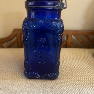 Vintage Cobalt Blue Thick Glass Lidded Canister "The Sweet Shop"